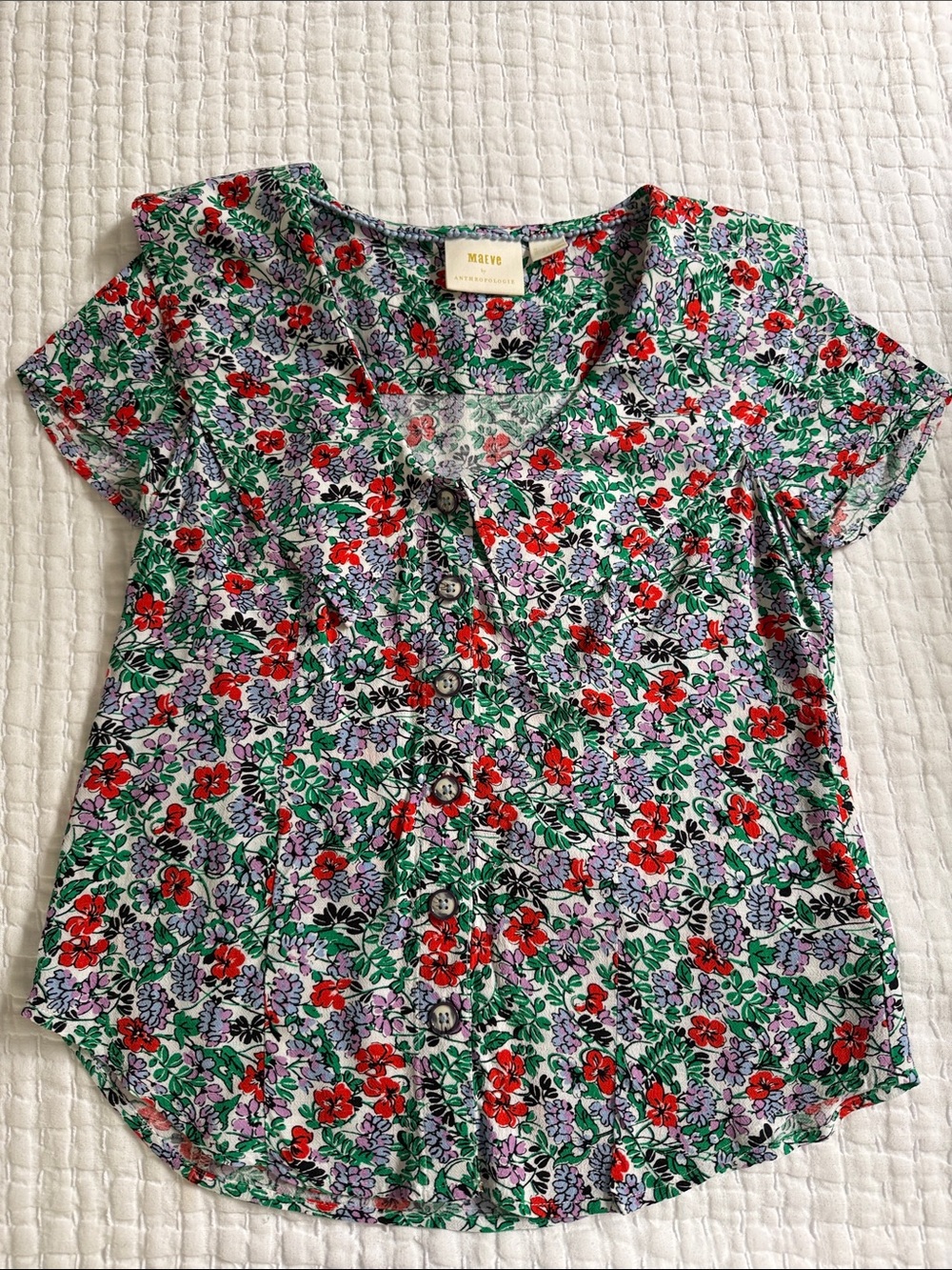 Maeve Red, Green & Purple Floral Button-Front Blouse